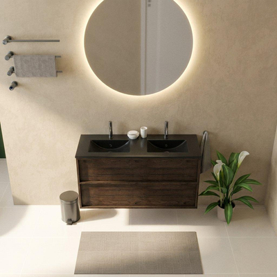 Saniclass Holz Frame Ensemble meuble de salle de bains - 120x45x62cm - Lavabo Vygo en céramique noir - 2 vasques - 2 trous de robinet - 2 tiroirs - chêne charcoal mat (bois)