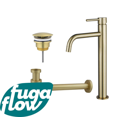 FugaFlow Eccelente Sobrado Badkamer Slim Wastafelkraanset - verhoogde wastafelkraan - always open plug - verlaagde design sifon - PVD Geborsteld Messing