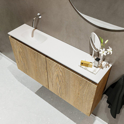 MONDIAZ TURE Fonteinset - 100x23x50cm - 0 kraangaten - 2 deuren - washed oak mat - Wasbak links - Solid Surface Wit