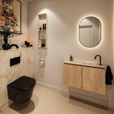 MONDIAZ TURE-DLUX Meuble toilette - 80cm - Washed Oak - EDEN - vasque Frappe - position droite - 1 trou de robinet