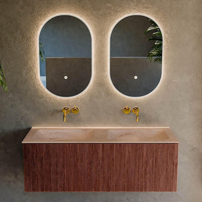 MONDIAZ KURVE-DLUX Meuble de salle de bains 120cm couleur Ruby avec 1 tiroir et 0 porte. Lavabo LEAF Double sans trou de robinet Saba.
