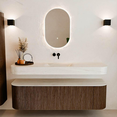 MONDIAZ THOR-DLUX 160cm meuble de salle de bains arrondi gauche + droite couleur Walnut avec 1 tiroir et 2 portes. Vasque suspendue CLOUD Centre sans trou de robinet couleur Meli.