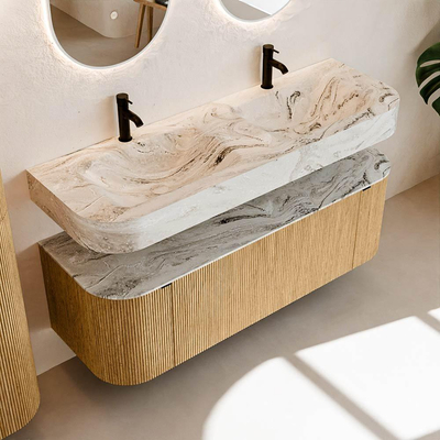 MONDIAZ THOR-DLUX 140cm meuble de salle de bains arrondi gauche + droite couleur Oak avec 1 tiroir et 2 portes. Vasque suspendue CLOUD Double 2 trous de robinet couleur Glace.