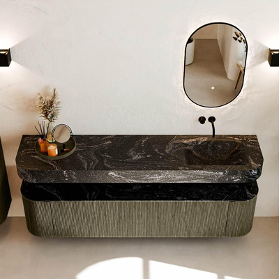 MONDIAZ THOR-DLUX 190cm meuble de salle de bains arrondi gauche + droite couleur Shadow avec 2 tiroirs et 2 portes. Vasque suspendue CLOUD droite sans trou de robinet couleur Lava.