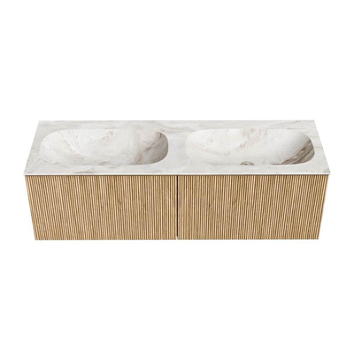 MONDIAZ KURVE-DLUX Meuble de salle de bains 140 cm couleur Oak avec 2 tiroirs. Lavabo STOR SMALL double 2 trous de robinet couleur Frappe.