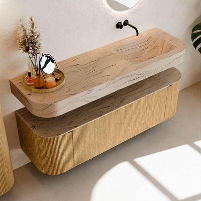 MONDIAZ THOR-DLUX 150cm badmeubel ronding links + rechts kleur Oak met 1 lade en 2 deuren. Vrijhangende wastafel CLOUD Rechts zonder kraangat kleur Arena.