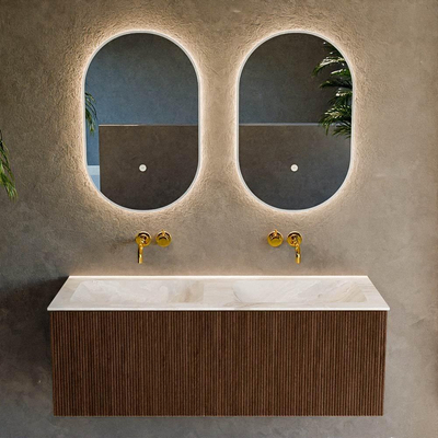 MONDIAZ KURVE-DLUX Meuble de salle de bains 120 cm couleur Walnut avec 1 tiroir. Lavabo LEAF double sans trou de robinet couleur Frappe.