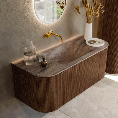 MONDIAZ KURVE-DLUX 110cm badmeubel ronding Links + Rechts kleur Walnut met 1 lade en 2 deuren. Wastafel CLOUD Midden zonder kraangat Oza.