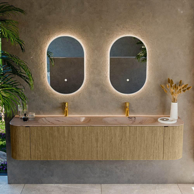 MONDIAZ KURVE-DLUX Meuble de salle de bains 200cm arrondi gauche + droite couleur Dusk avec 2 tiroirs et 2 portes. Lavabo STOR SMALL Double 2 trous de robinet Arena.