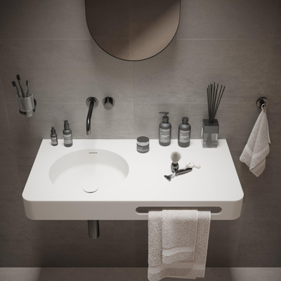 Ideavit Solidbrio Lavabo 90x48x10cm rectangulaire 0 trous de robinet 1 cuve avec porte-serviettes Solid surface blanc