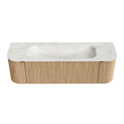 MONDIAZ KURVE-DLUX Meuble de salle de bains 150 cm avec module 25 Len R couleur Chêne avec 1 tiroir et 2 portes. Lavabo BIG MEDIUM central 1 trou de robinet couleur Ostra.
