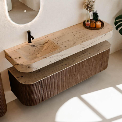 MONDIAZ THOR-DLUX 160cm badmeubel ronding links + rechts kleur Walnut met 1 lade en 2 deuren. Vrijhangende wastafel CLOUD Links 1 kraangat kleur Arena.
