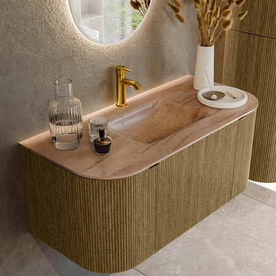 MONDIAZ KURVE-DLUX Meuble de salle de bains 100cm arrondi Gauche + Droite couleur Dusk avec 1 tiroir et 2 portes. Lavabo GRUNNE Central 1 trou de robinet Saba.