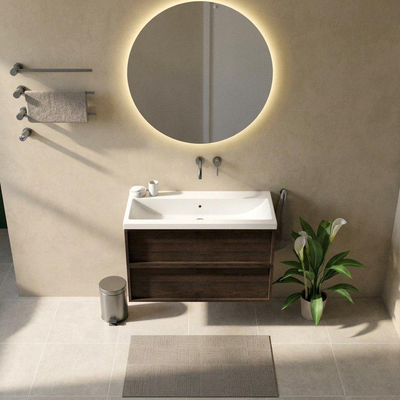 Saniclass Holz Frame Badkamermeubelset - 100x45x63.5cm - Bari keramische wastafel wit - 1 wasbak - zonder kraangat - 2 lades - mat eiken charcoal (hout)