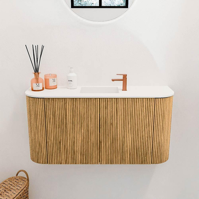 Mondiaz JOYA 83.2cm toiletmeubel - ronding links en rechts kleur Oak - Wastafel FAYE positie Midden 1 kraangat kleur Talc.