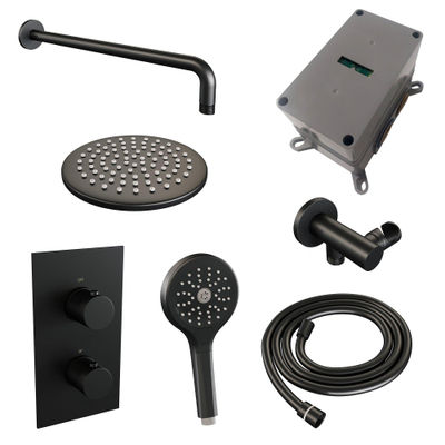 Ensemble de douche pluie encastré Brauer Black Carving - douche principale 20 cm - bras mural - avec partie encastrable - 2 fonctions - bouton carving - douchette ronde 1 fonction - noir mat