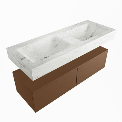 Mondiaz ALAN-DLUX Ensemble de meuble - 120cm - meuble Rust mat - 2 tiroirs - Lavabo Cloud Opalo suspendu - vasque Gauche et droite - 2 trous de robinet