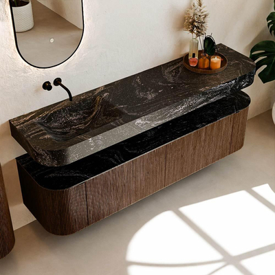 MONDIAZ THOR-DLUX 180cm meuble de salle de bains arrondi gauche + droite couleur Walnut avec 2 tiroirs et 2 portes. Vasque suspendue CLOUD Gauche sans trou de robinet couleur Lava.