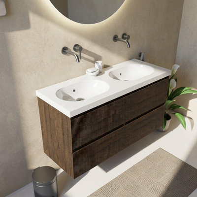 Saniclass Holz Atelier Ensemble de meubles de salle de bains - 120x45x63.5cm - lavabo en céramique Palermo blanc - 2 vasques - sans trous de robinetterie - 2 tiroirs - chêne charcoal mat (bois)