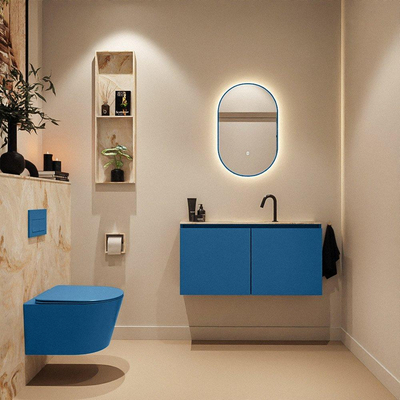 MONDIAZ TURE-DLUX Meuble toilette - 100cm - Jeans - EDEN - vasque Frappe - position centrale - 1 trou de robinet
