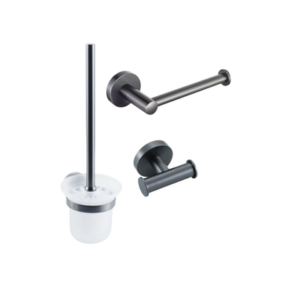 Fortifura Calvi Toiletset 3-delig - toiletrolhouder - zonder klep - toiletborstel - handdoekhaak dubbel rond - PVD - geborsteld gunmetal (antraciet)