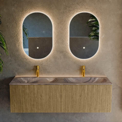 MONDIAZ KURVE-DLUX Meuble de salle de bains 140 cm couleur Dusk avec 2 tiroirs et 0 porte. Lavabo STOR SMALL Double 2 trous de robinet Sombra.