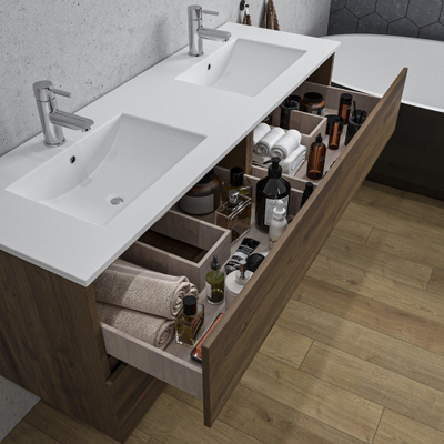 Saniclass Chaci Ensemble de meubles de salle de bains - 140x46x55cm - lavabo en céramique blanc - 2 vasques - 2 trous de robinet - 4 tiroirs - noyer panaché (bois)