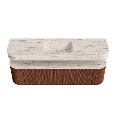 MONDIAZ THOR-DLUX Meuble de salle de bains - 170cm - arrondi gauche + droite - couleur Ruby - 1 tiroir - 2 portes - Vasque suspendue CLOUD Milieu 1 trou de robinet - couleur Nata