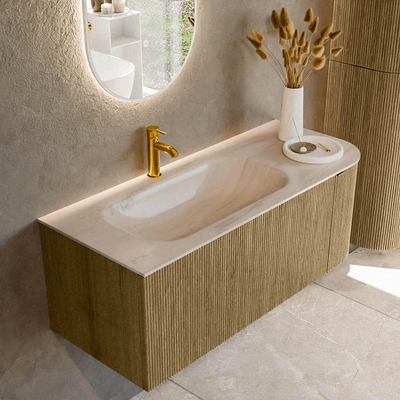 MONDIAZ KURVE-DLUX meuble de salle de bains 115cm arrondi à droite couleur Dusk avec 1 tiroir et 1 porte. Lavabo BIG SMALL à gauche 1 trou de robinet Meli.