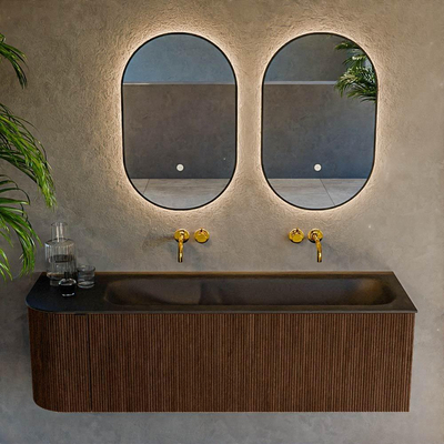 MONDIAZ KURVE 145cm Meuble salle de bain avec module 25 G - couleur Walnut - 1 tiroir - 1 porte - vasque BIG LARGE droite - sans trous de robinet - Urban