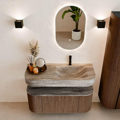 MONDIAZ THOR-DLUX 110cm badmeubel ronding links + rechts kleur Walnut met 1 lade en 2 deuren. Vrijhangende wastafel CLOUD Rechts 1 kraangat kleur Oza.