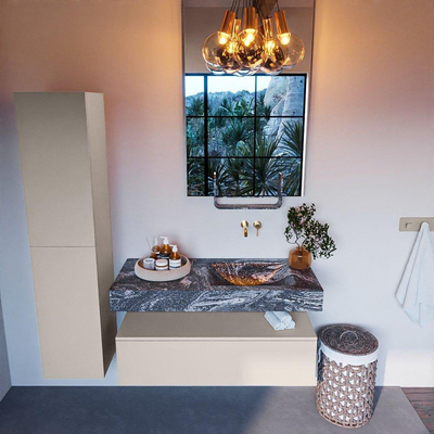 Mondiaz ALAN-DLUX Ensemble de meuble - 110cm - meuble Linen mat - 1 tiroir - Lavabo Cloud Lava suspendu - vasque droite - 0 trous de robinet
