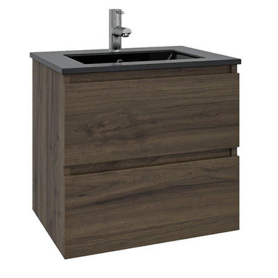 Adema Chaci Ensemble de meuble - 60x46x57cm - 1 vasque en céramique noire - 1 trou de robinet - 2 tiroirs - armoire de toilette - Noyer