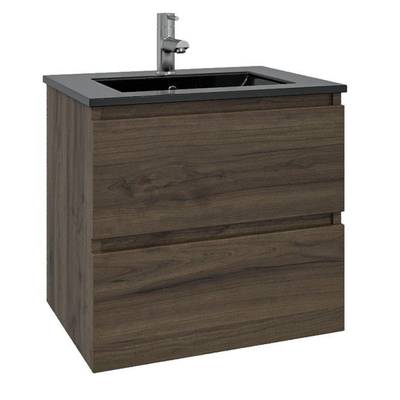 Saniclass Chaci Ensemble meuble de salle de bains - 60x46x55cm - vasque en céramique noire - 1 lavabo - 1 trou de robinet - 2 tiroirs - miroir rectangulaire - noyer (bois)