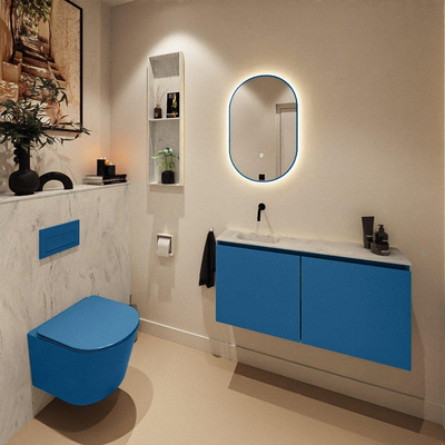 MONDIAZ TURE-DLUX meuble de toilettes 100 cm Jeans. EDEN lavabo Opalo position gauche. Sans trou de robinet.