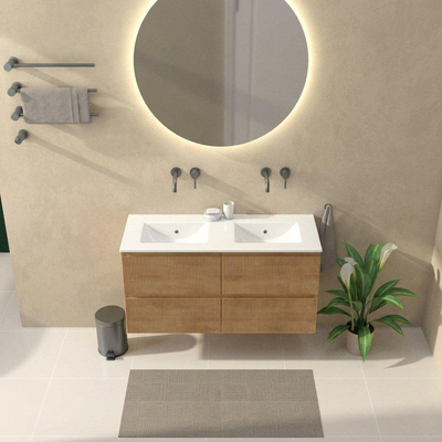 Saniclass Holz Atelier Ensemble meuble de salle de bains - 120x45x62cm - lavabo Vygo en céramique blanc - 2 vasques - sans trous de robinetterie - 2 tiroirs - chêne natural mat (bois)