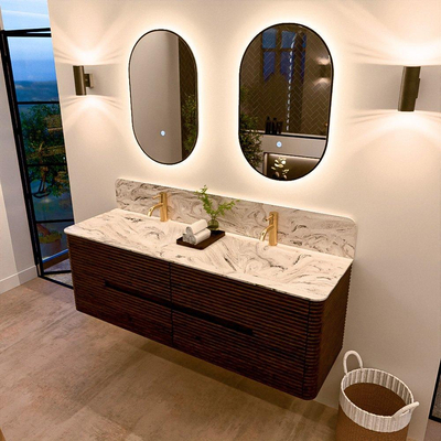 Mondiaz CIRO-DLUX Badkamermeubelset - 150x45x50cm - Solid surface wastafel Glace - 2 wasbak Dubbel - 2 kraangaten - 4 lades - Walnut
