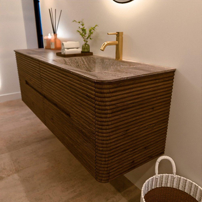 Mondiaz CIRO-DLUX Badkamermeubelset - 150x45x50cm - Solid surface wastafel Oza - 1 wasbak Rechts - 1 kraangat - 4 lades - Dusk