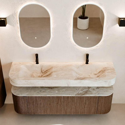 MONDIAZ THOR-DLUX 160cm badmeubel ronding links + rechts kleur Walnut met 1 lade en 2 deuren. Vrijhangende wastafel CLOUD Dubbel 2 kraangaten kleur Frappe.