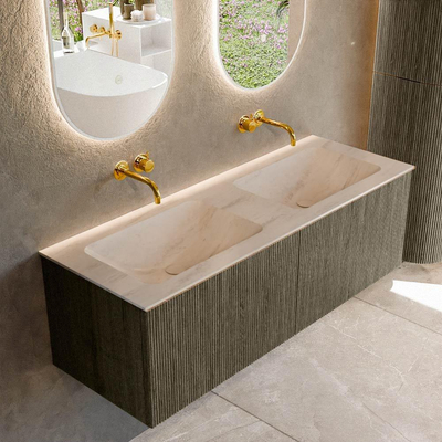 MONDIAZ KURVE-DLUX Meuble de salle de bains 130 cm couleur Shadow avec 2 tiroirs et 0 porte. Lavabo LEAF Double sans trou de robinet Meli.