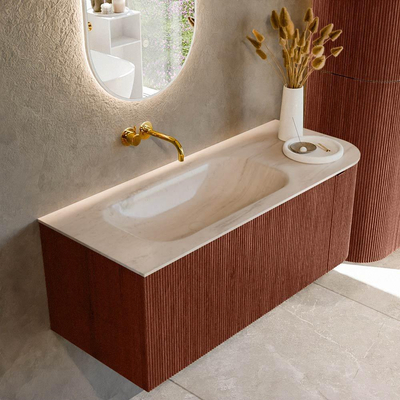 MONDIAZ KURVE-DLUX Meuble de salle de bains 115cm arrondi à droite couleur Ruby avec 1 tiroir et 1 porte. Lavabo BIG SMALL gauche sans trou de robinet Meli.
