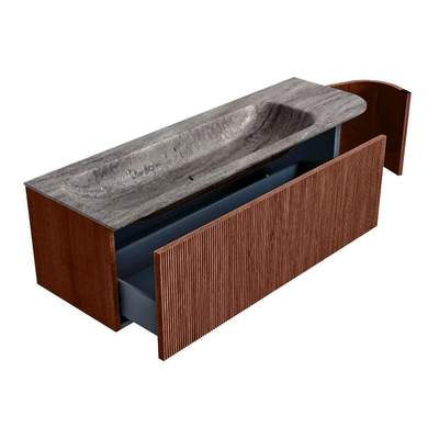 MONDIAZ KURVE-DLUX meuble de salle de bains 145cm arrondi droit couleur Ruby avec 1 tiroir et 1 porte. Lavabo BIG LARGE gauche 1 trou de robinet Oza.