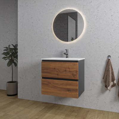 Adema Industrial 2.0 Badkamermeubelset - 60x45x55cm - 1 keramische wasbak wit - 1 kraangat - ronde spiegel met verlichting - hout/zwart