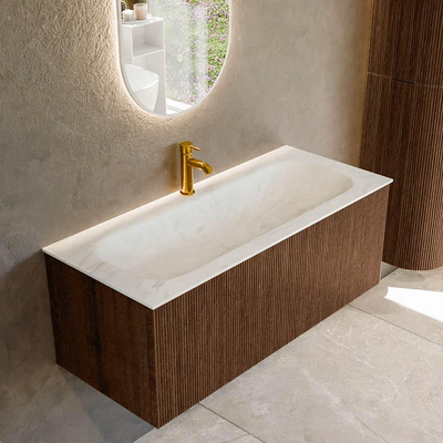 MONDIAZ KURVE-DLUX 110cm badmeubel kleur Walnut met 1 lade. Wastafel BIG MEDIUM midden 1 kraangat kleur Opalo.