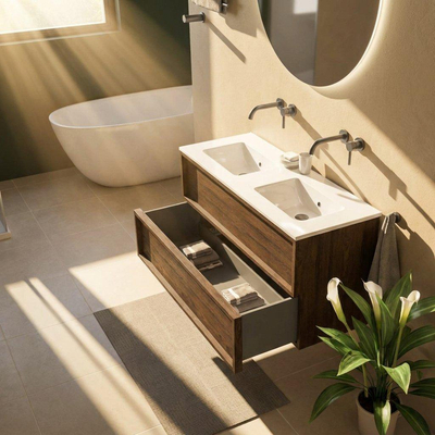 Saniclass Holz Frame Ensemble de meubles de salle de bains - 120x45x62cm - lavabo Vygo en céramique blanc - 2 vasques - sans trous de robinetterie - 2 tiroirs - chêne charbon mat (bois)
