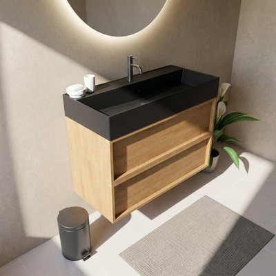 Saniclass Holz Frame Ensemble meuble de salle de bains - 100x45x72cm - lavabo Legend en céramique noir mat - 1 vasque - 1 trou de robinetterie - 2 tiroirs - chêne natural mat (bois)