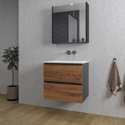 Adema Industrial 2.0 ensemble de meubles de salle de bain 60x45x55cm 1 vasque en céramique blanche sans trou de robinetterie armoire de toilette noire bois/noir