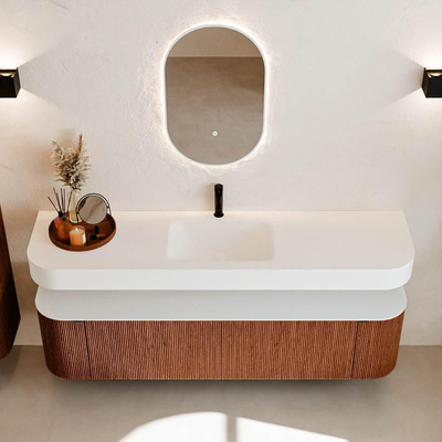 MONDIAZ THOR Meuble de salle de bains 180cm arrondi gauche + droite couleur Ruby avec 2 tiroirs et 2 portes. Vasque suspendue CLOUD Milieu 1 trou de robinet couleur Talc.