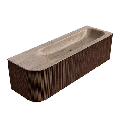 MONDIAZ KURVE-DLUX 145cm badmeubel ronding Links kleur Walnut met 1 lade en 1 deur. Wastafel BIG LARGE Rechts 2 kraangaten Saba.
