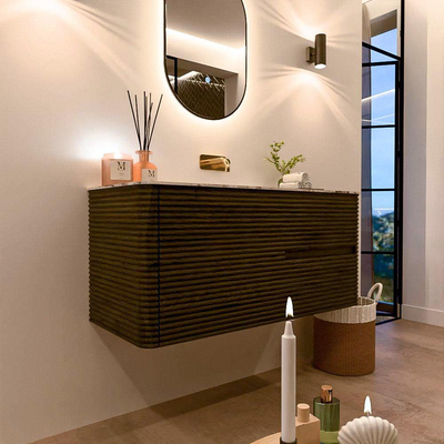 Mondiaz CIRO-DLUX Meuble de salle de bains avec lavabo - 110x45x50cm - Plan vasque Solid surface Meli - 1 vasque au centre - sans trous de robinetterie - 2 tiroirs - Shadow